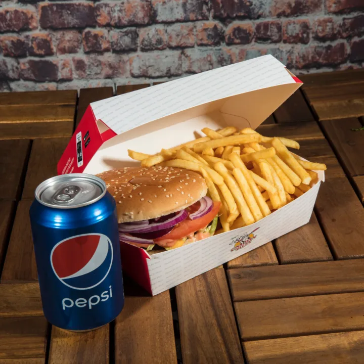Caspian beef burger with fries and a drink